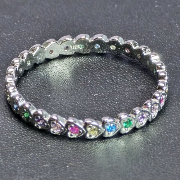 Sterling Silver Heart Eternity Ring With Multicolor Cubic Zirconia Size 7.75 (NW - Picture 3 of 6